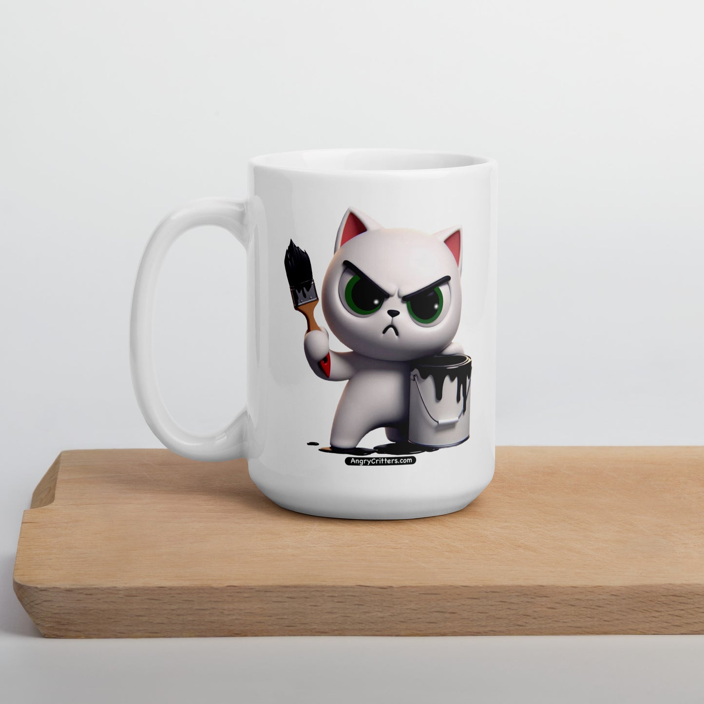 Angry Critters - White Cat with Black Paint, White glossy mug