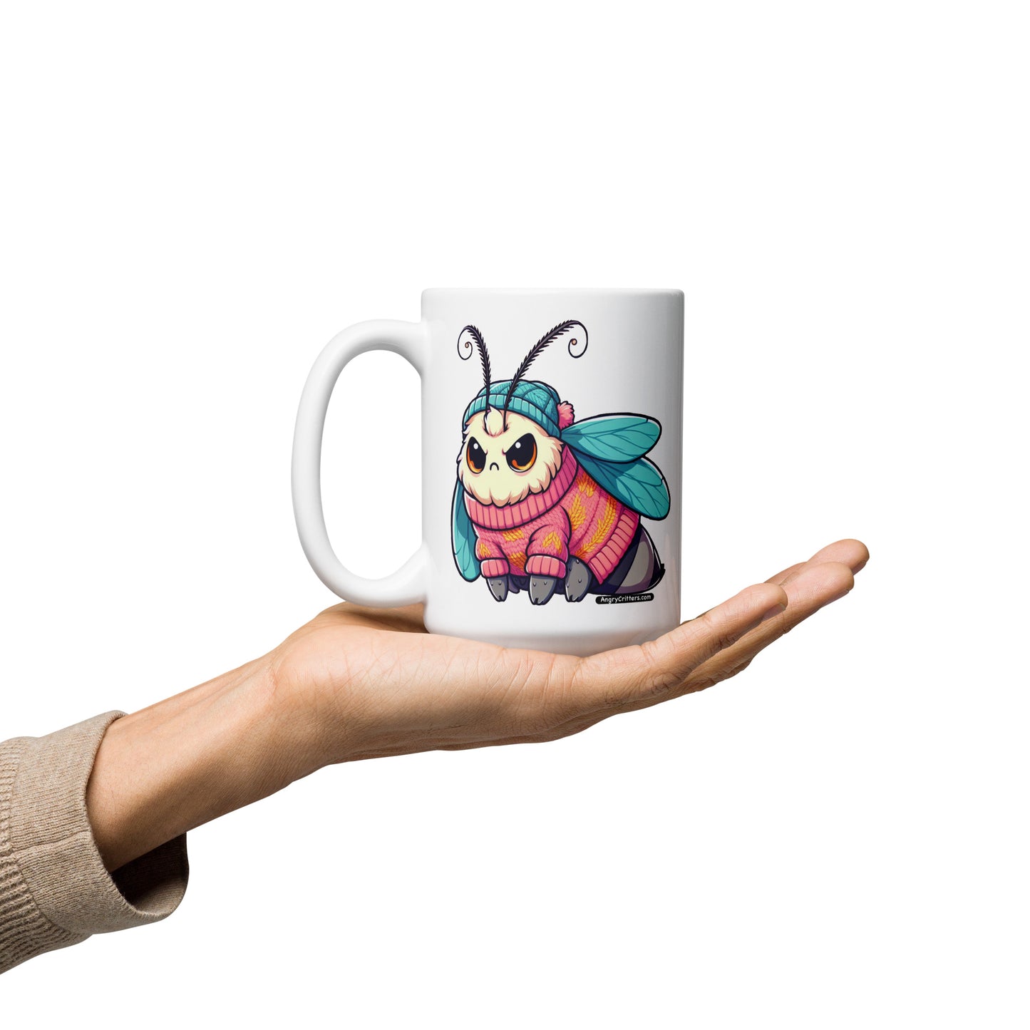 Angry Critters - Moth in a Sweater White glossy mug