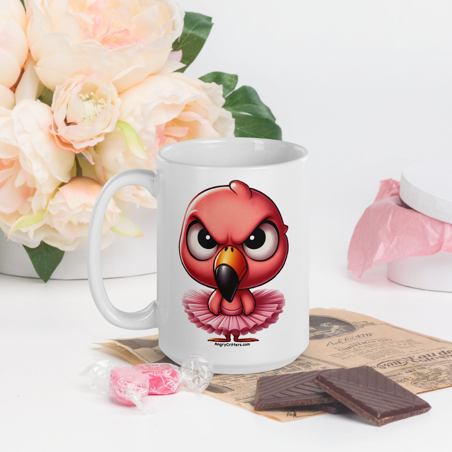 Angry Critters - Pink Flamingo Ballerina White glossy mug