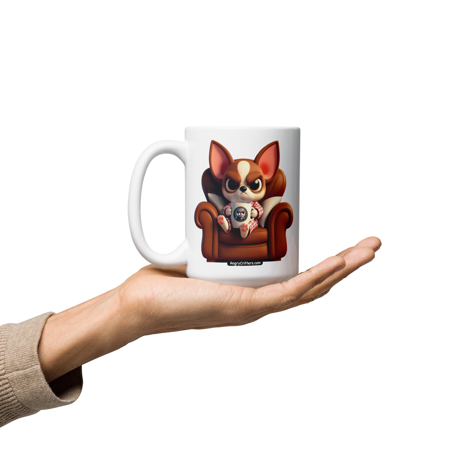 Angry Critters - Chihuahua Drinking Coffee White glossy mug