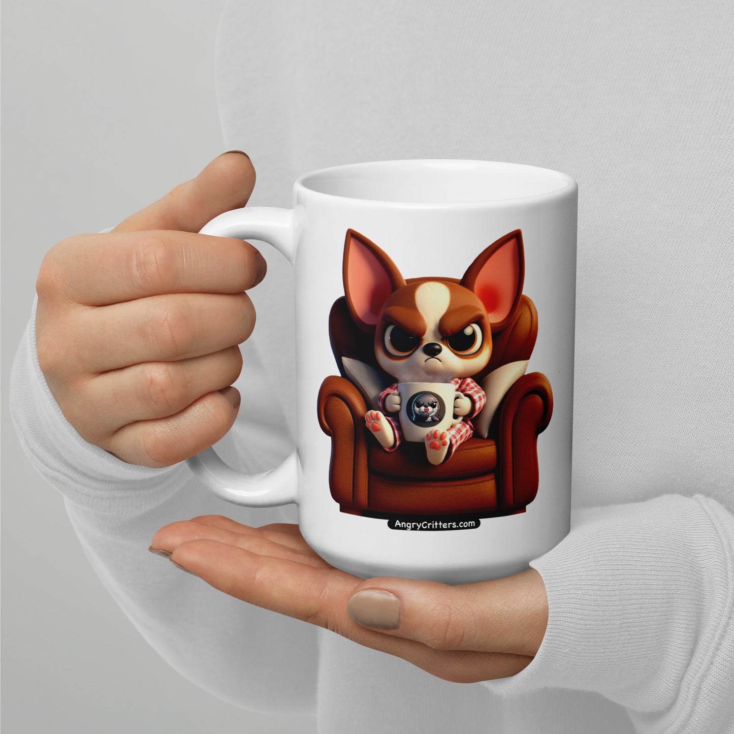 Angry Critters - Chihuahua Drinking Coffee White glossy mug