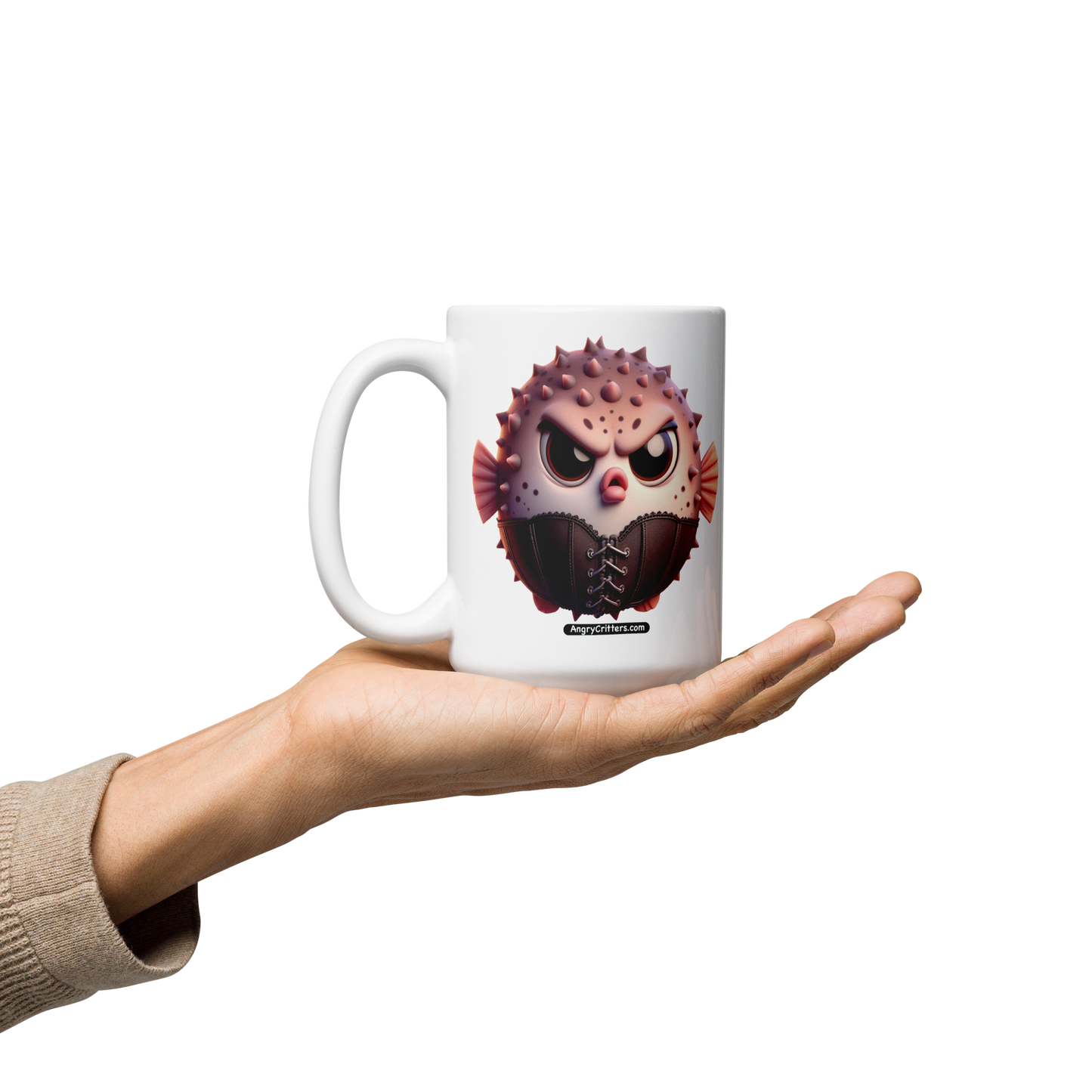 Angry Critters - Cinched Puffer, White glossy mug