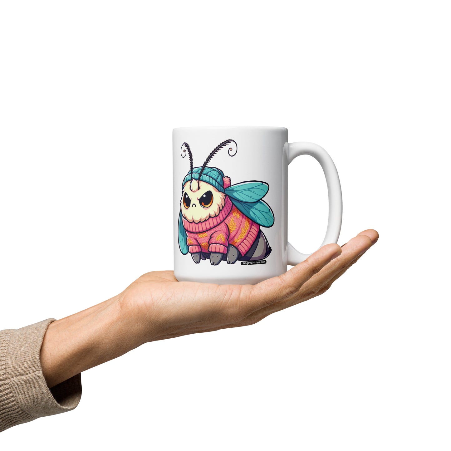 Angry Critters - Moth in a Sweater White glossy mug