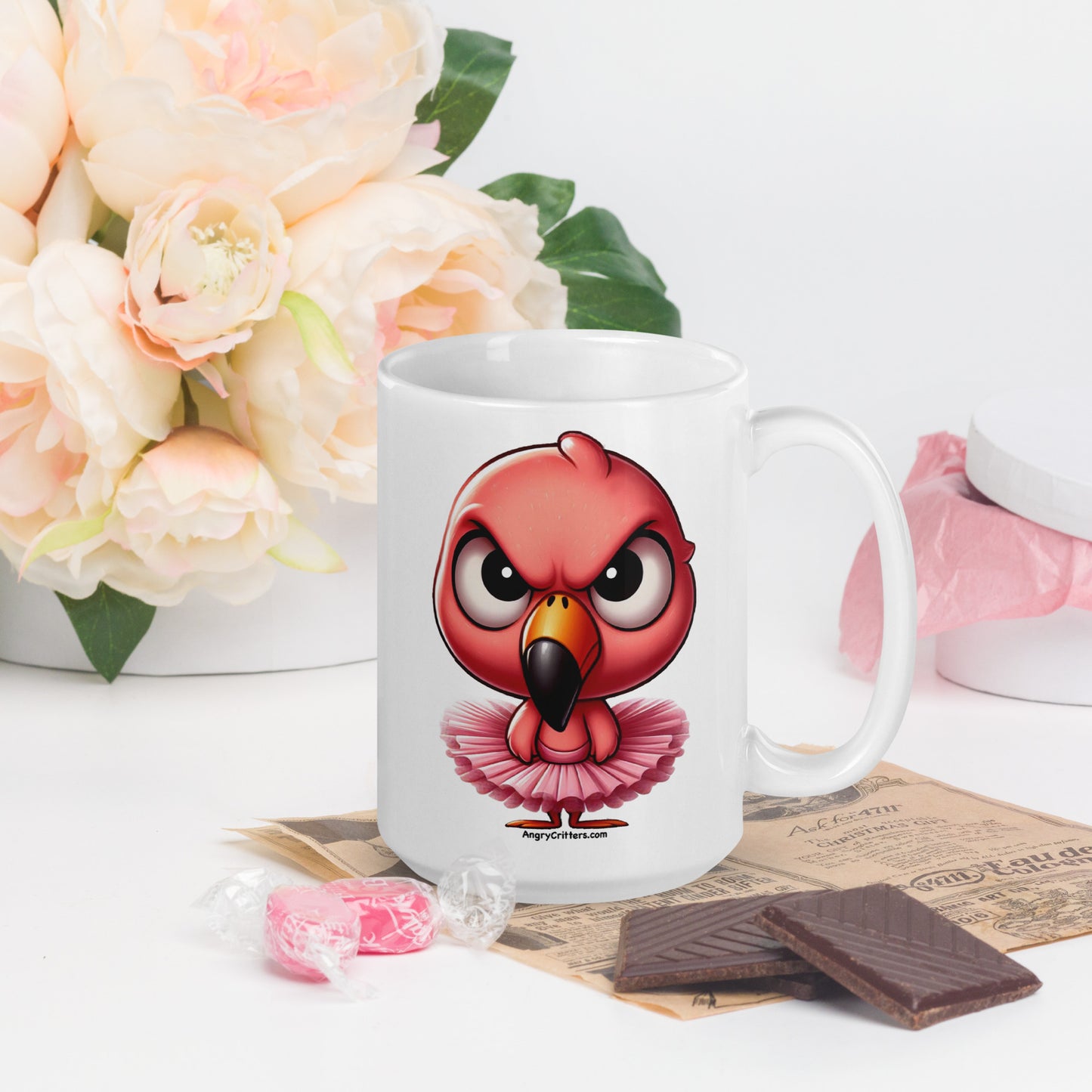 Angry Critters - Pink Flamingo Ballerina White glossy mug