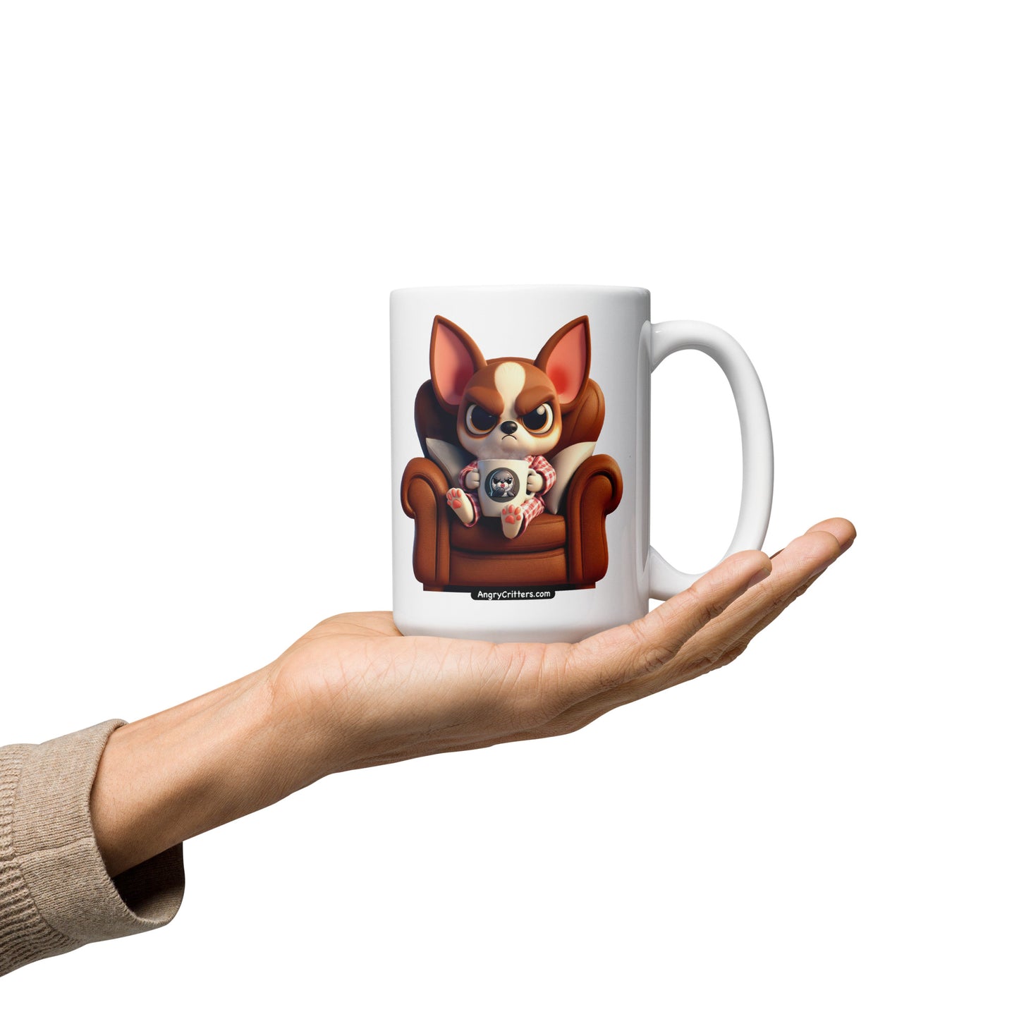 Angry Critters - Chihuahua Drinking Coffee White glossy mug