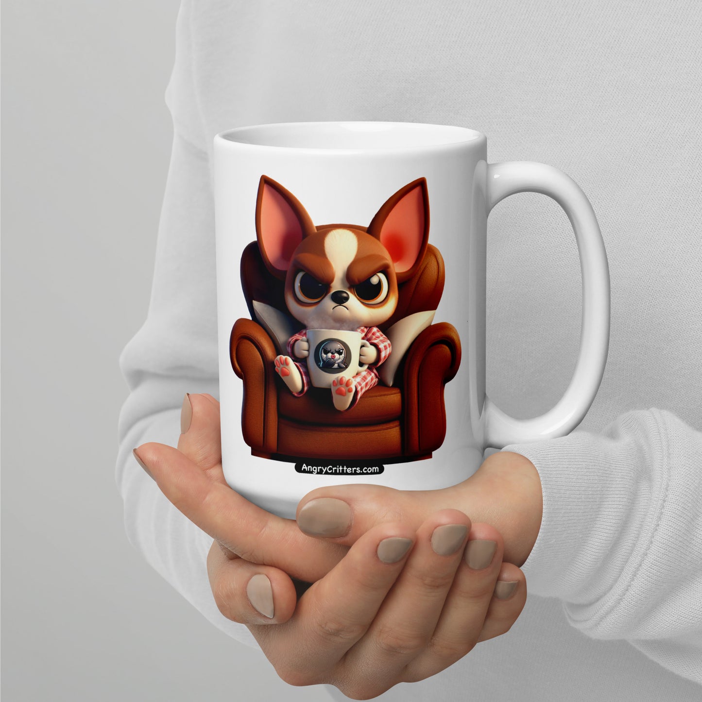 Angry Critters - Chihuahua Drinking Coffee White glossy mug