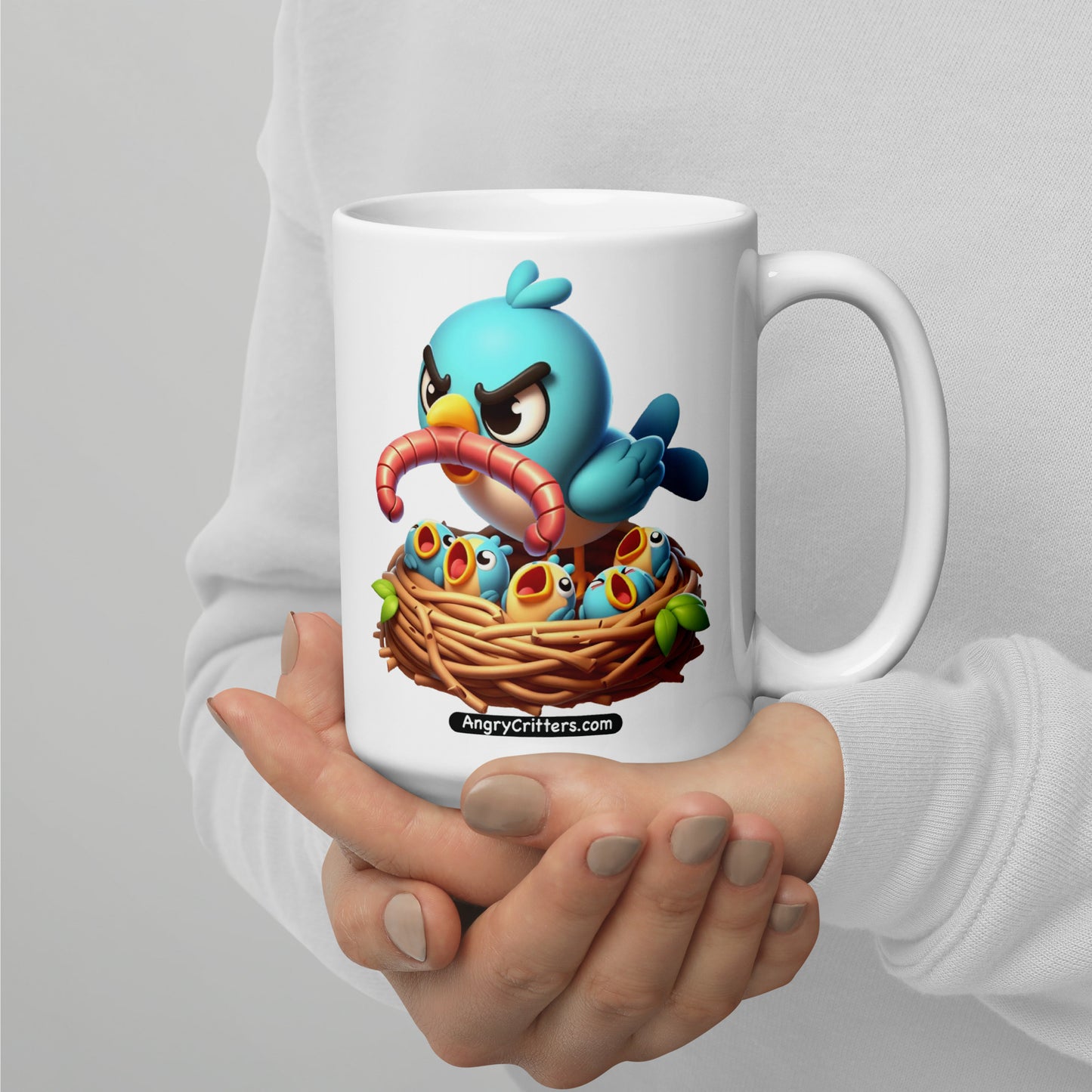 Angry Critters - Mom Bird with Baby Birds White glossy mug