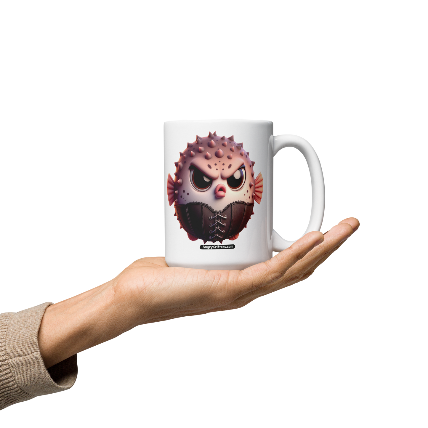 Angry Critters - Cinched Puffer, White glossy mug