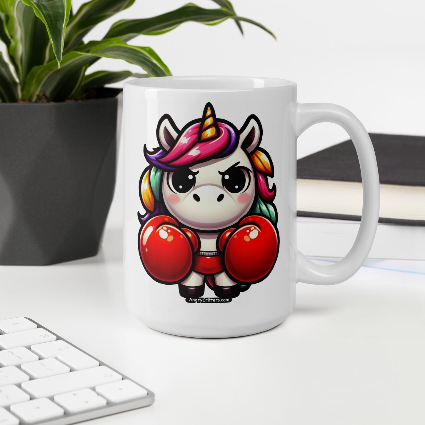 Angry Critters - Unicorn in Boxing Gloves White glossy mug