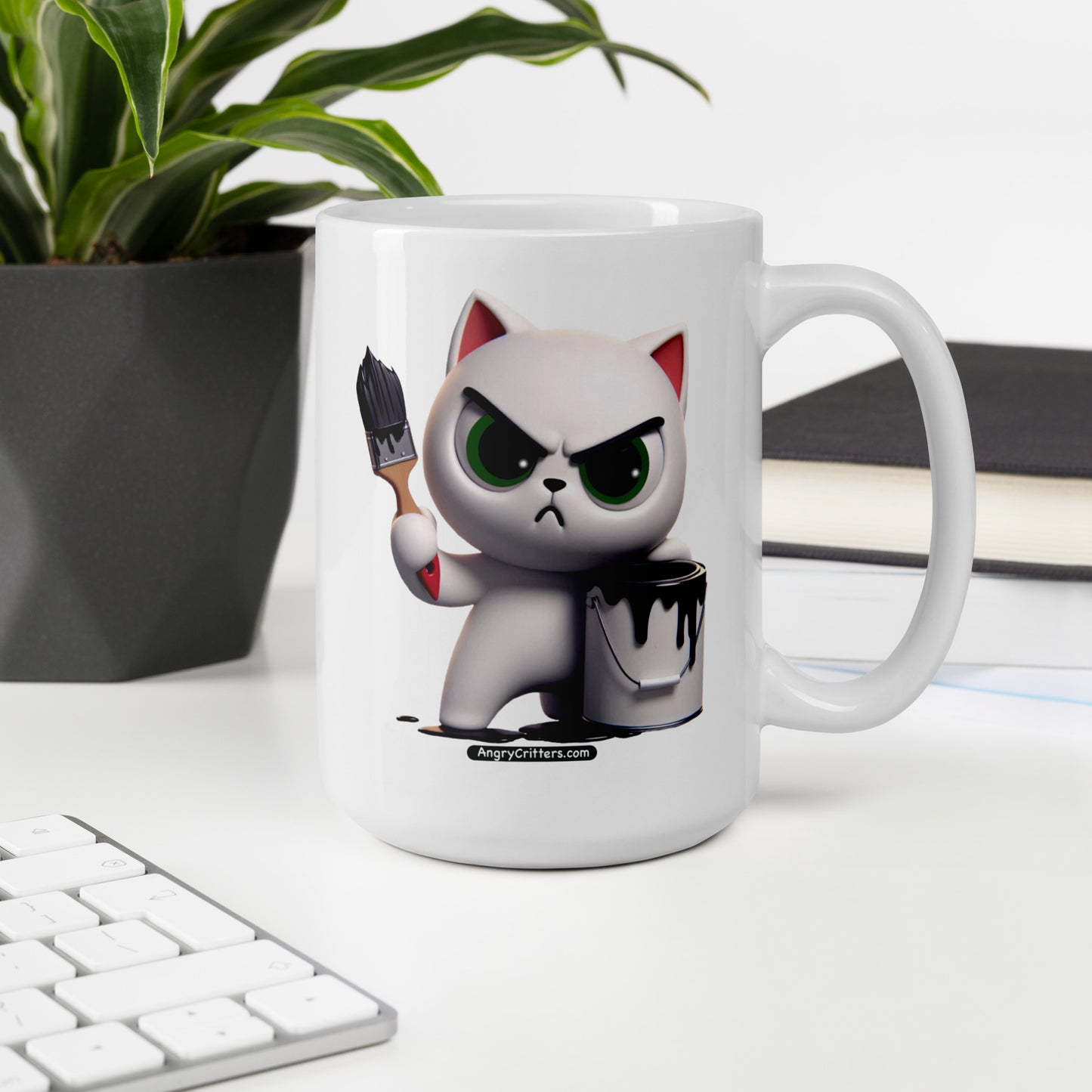 Angry Critters - White Cat with Black Paint, White glossy mug