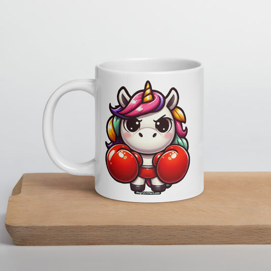 Angry Critters - Unicorn in Boxing Gloves White glossy mug