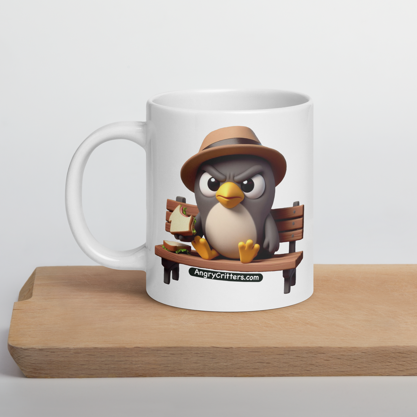 Angry Critters - Pigeon Feeding Himself, White glossy mug