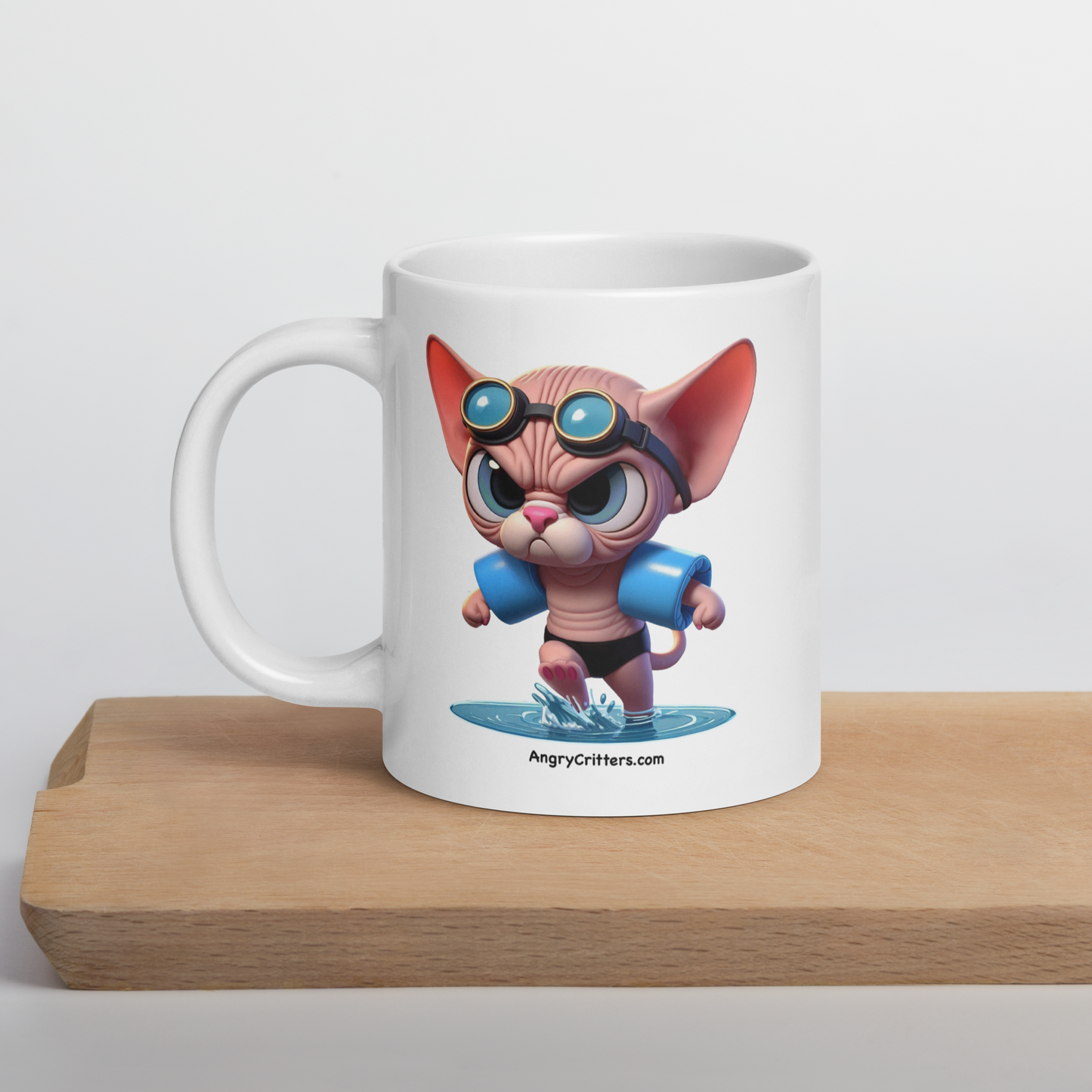 Angry Critters - Swimming Sphinx Cat, White glossy mug