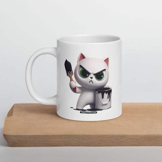 Angry Critters - White Cat with Black Paint, White glossy mug