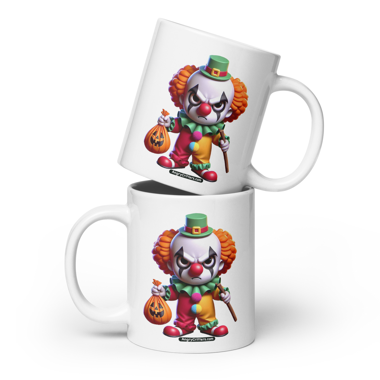 Angry Critters - Halloween Clown Orange, White glossy mug