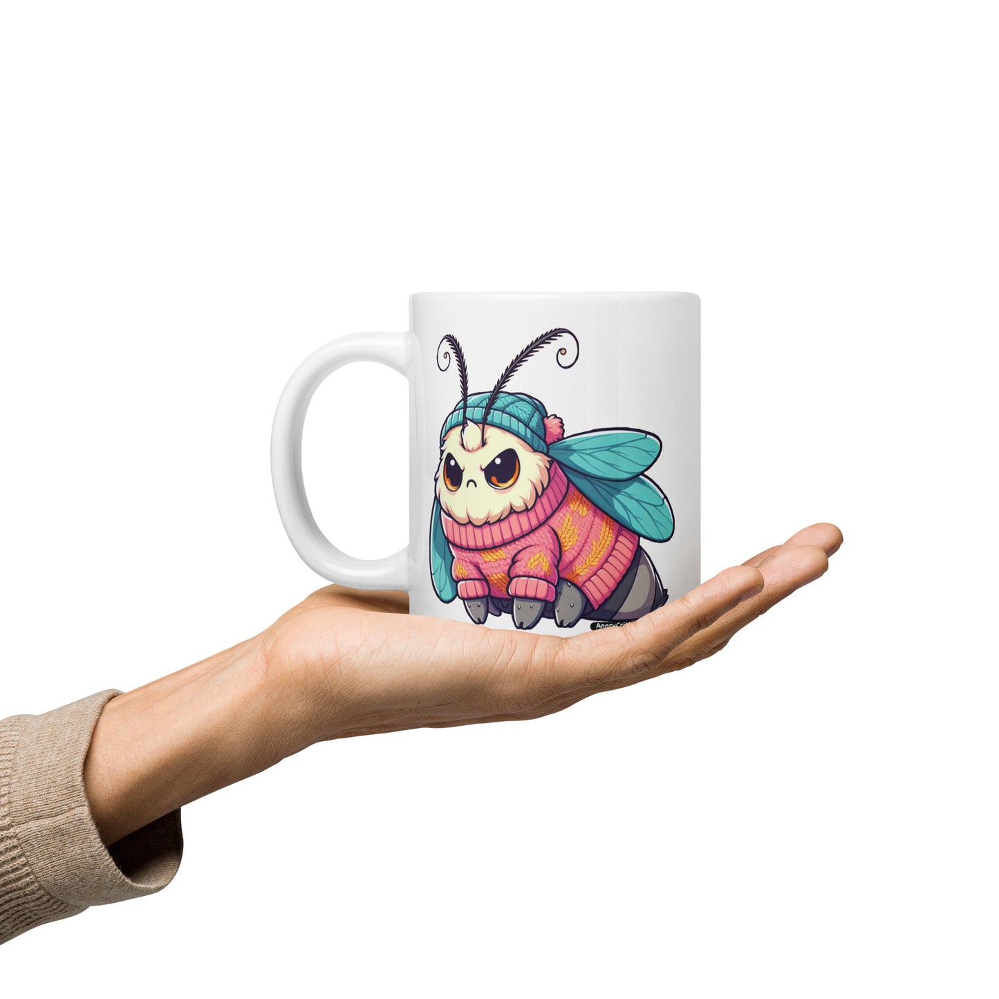 Angry Critters - Moth in a Sweater White glossy mug