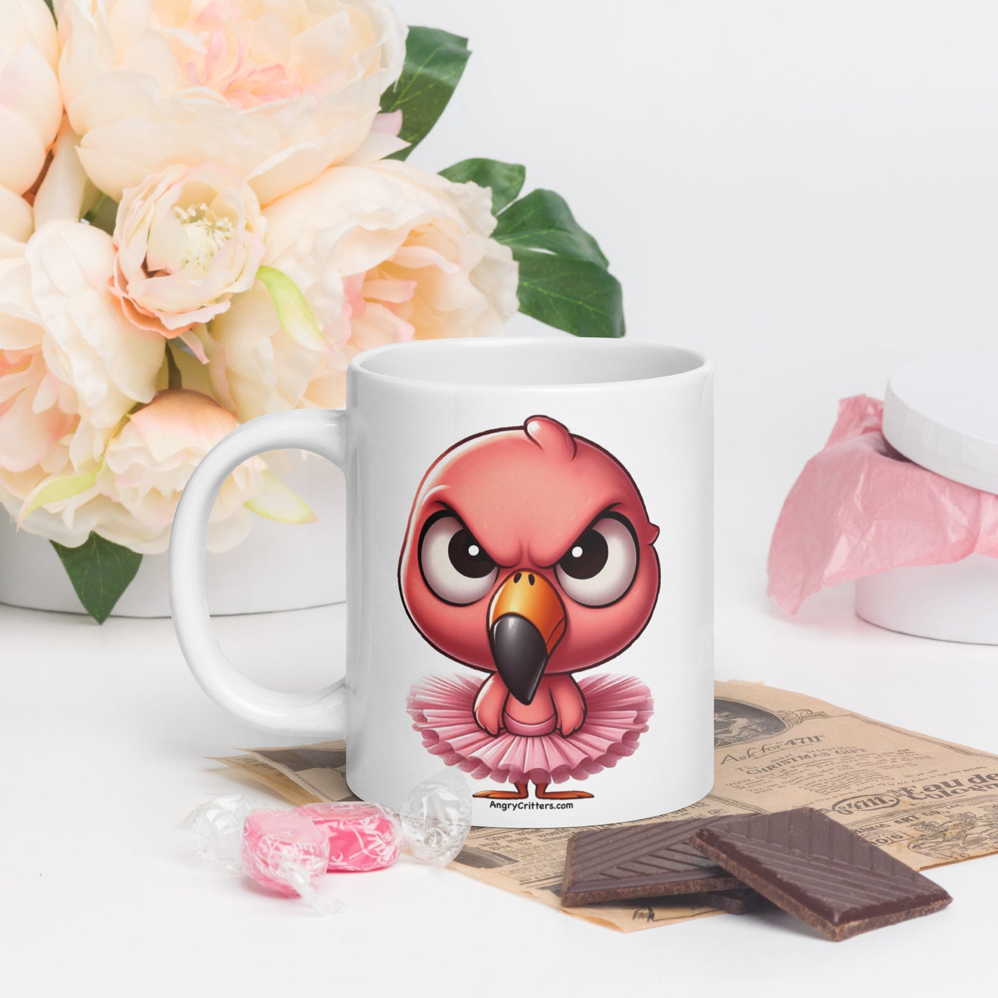 Angry Critters - Pink Flamingo Ballerina White glossy mug