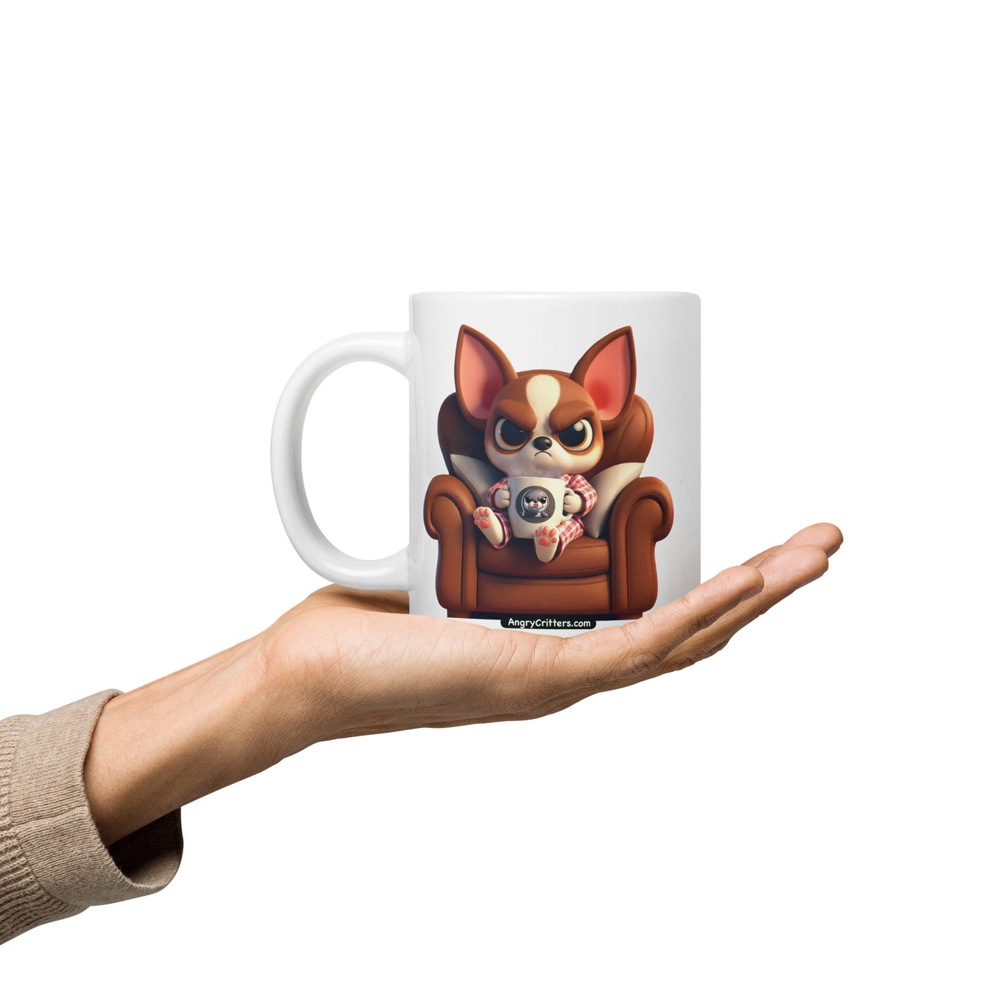 Angry Critters - Chihuahua Drinking Coffee White glossy mug