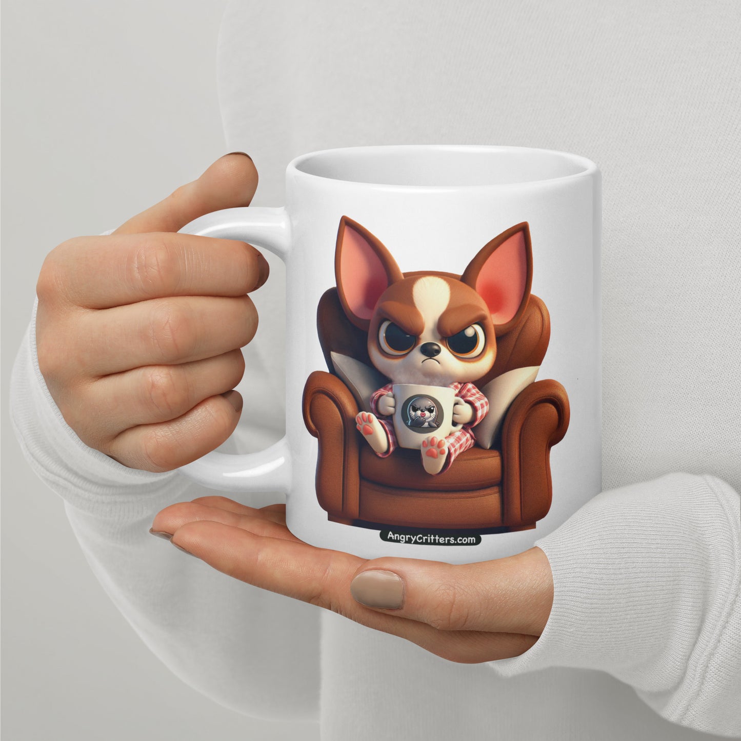 Angry Critters - Chihuahua Drinking Coffee White glossy mug