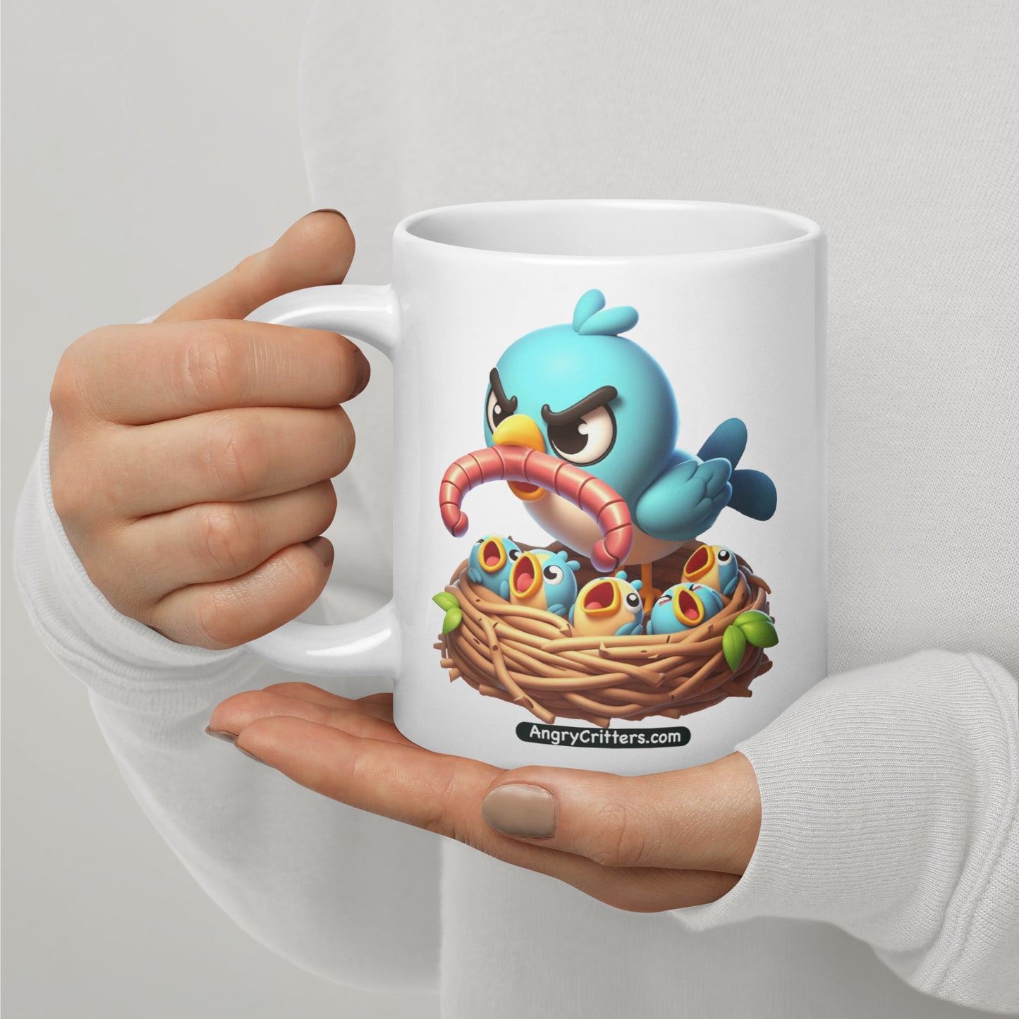 Angry Critters - Mom Bird with Baby Birds White glossy mug