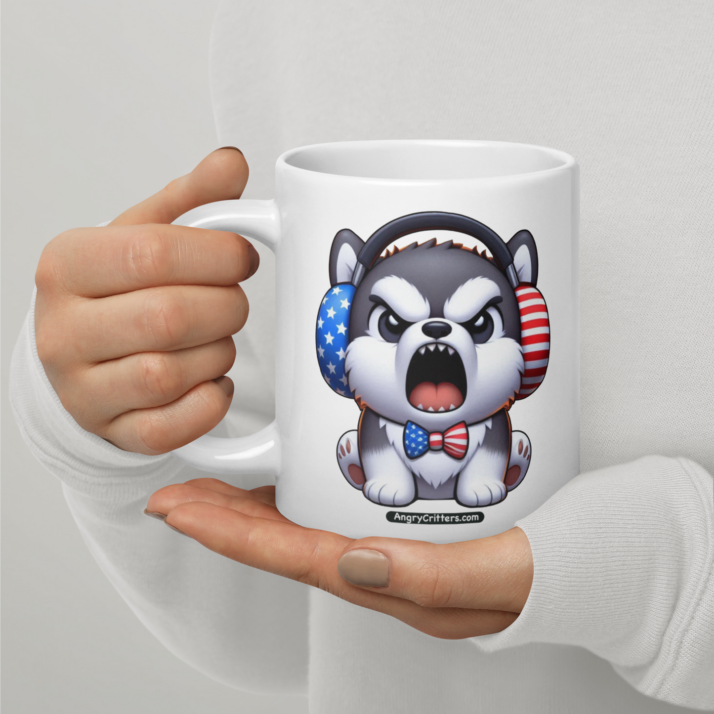 Angry Critters - American Husky, White glossy mug