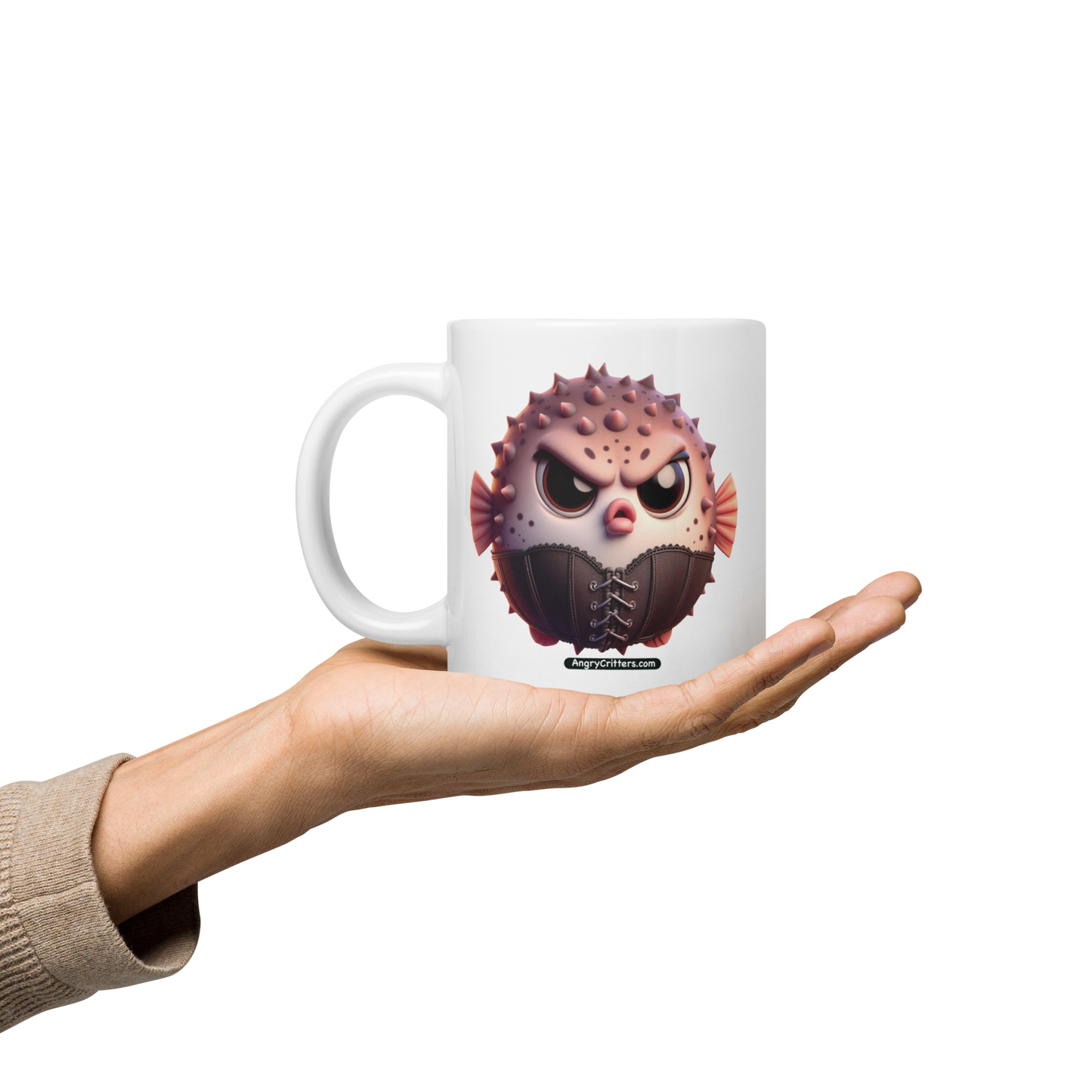 Angry Critters - Cinched Puffer, White glossy mug