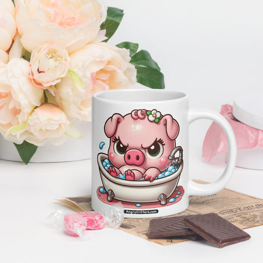 Angry Critters - Pig in a Bubble Bath White glossy mug