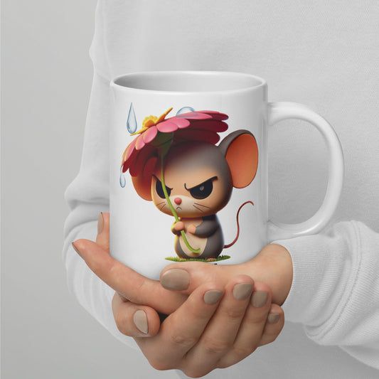 Angry Critters - Mouse with Flower Umbrella White glossy mug