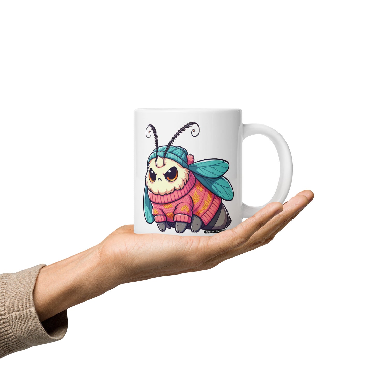 Angry Critters - Moth in a Sweater White glossy mug