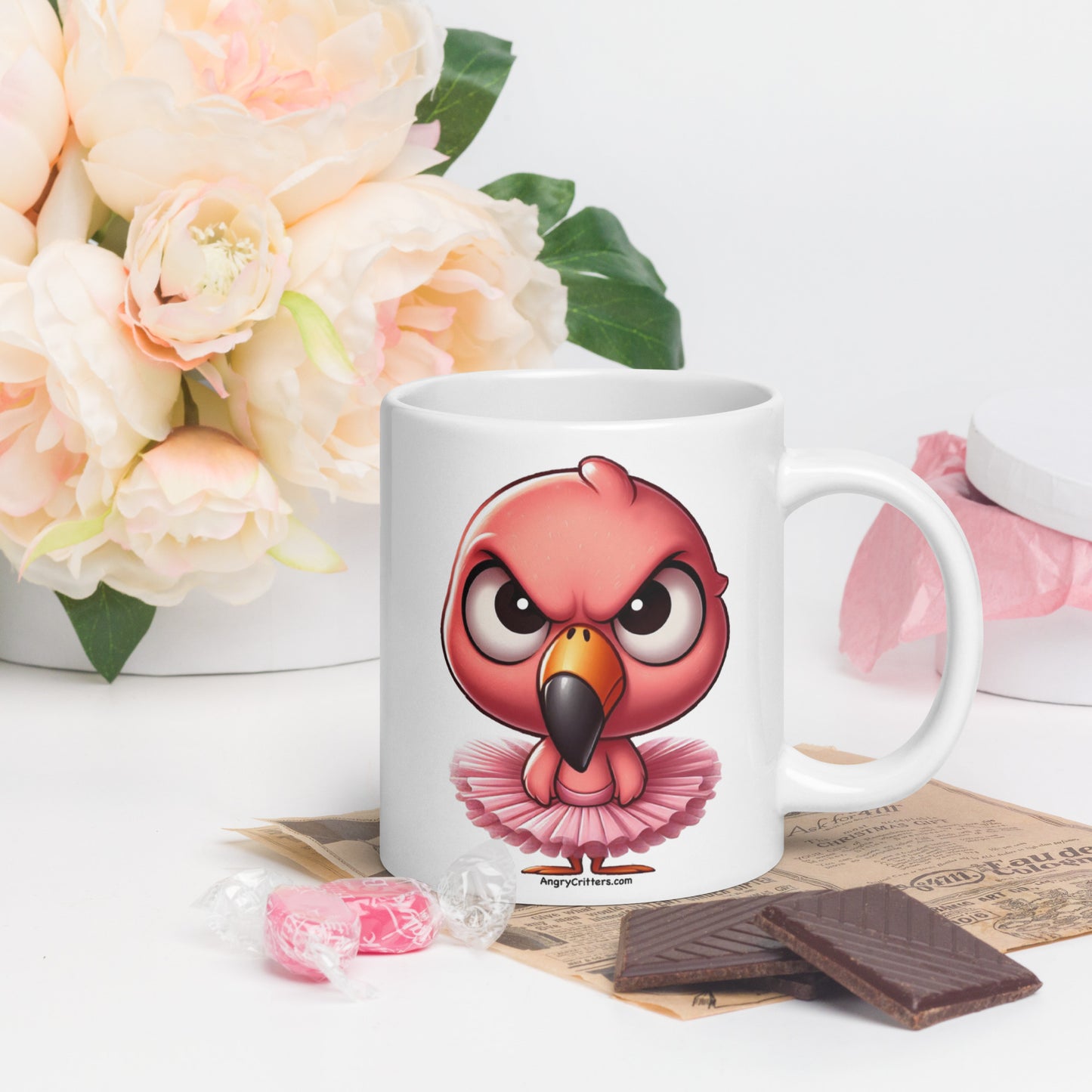 Angry Critters - Pink Flamingo Ballerina White glossy mug