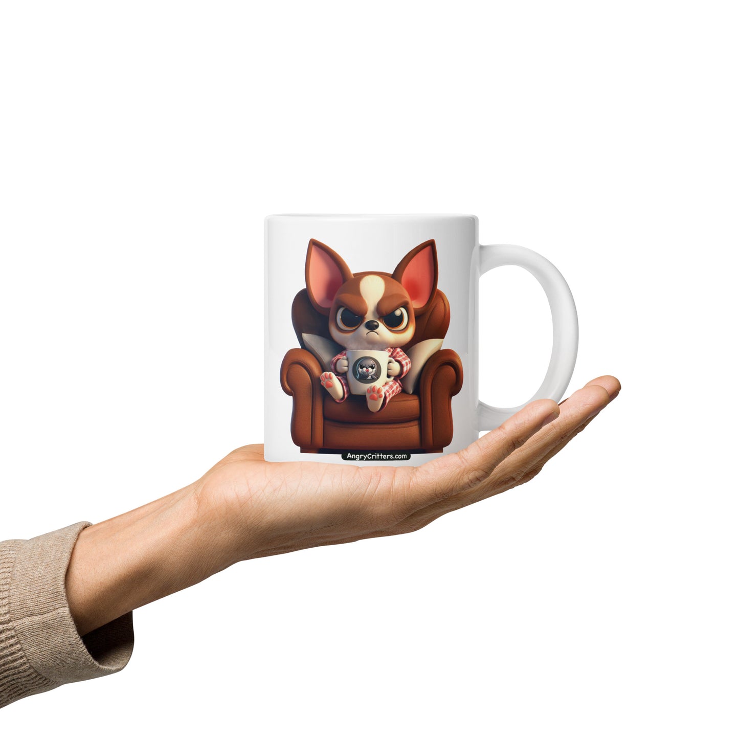 Angry Critters - Chihuahua Drinking Coffee White glossy mug