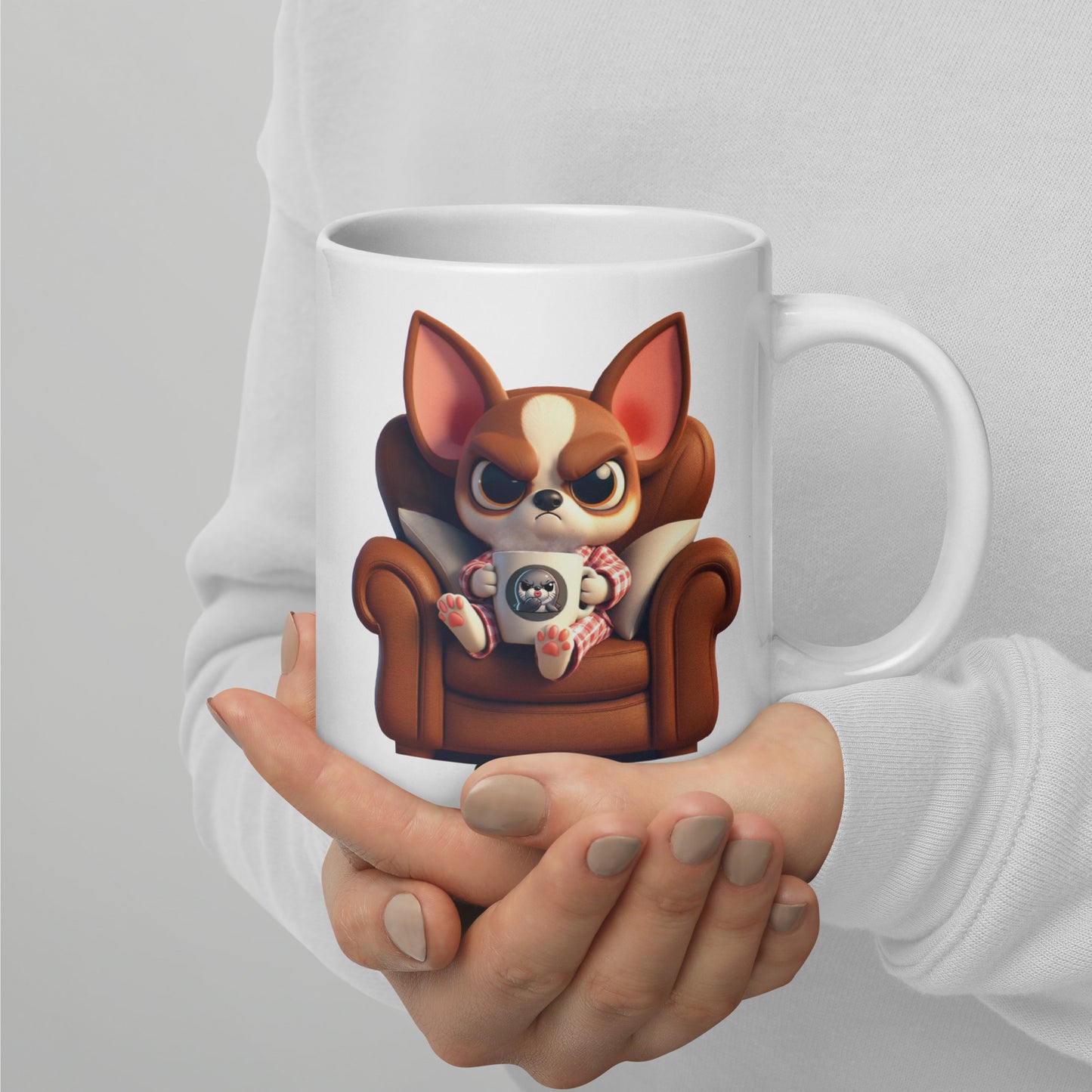 Angry Critters - Chihuahua Drinking Coffee White glossy mug