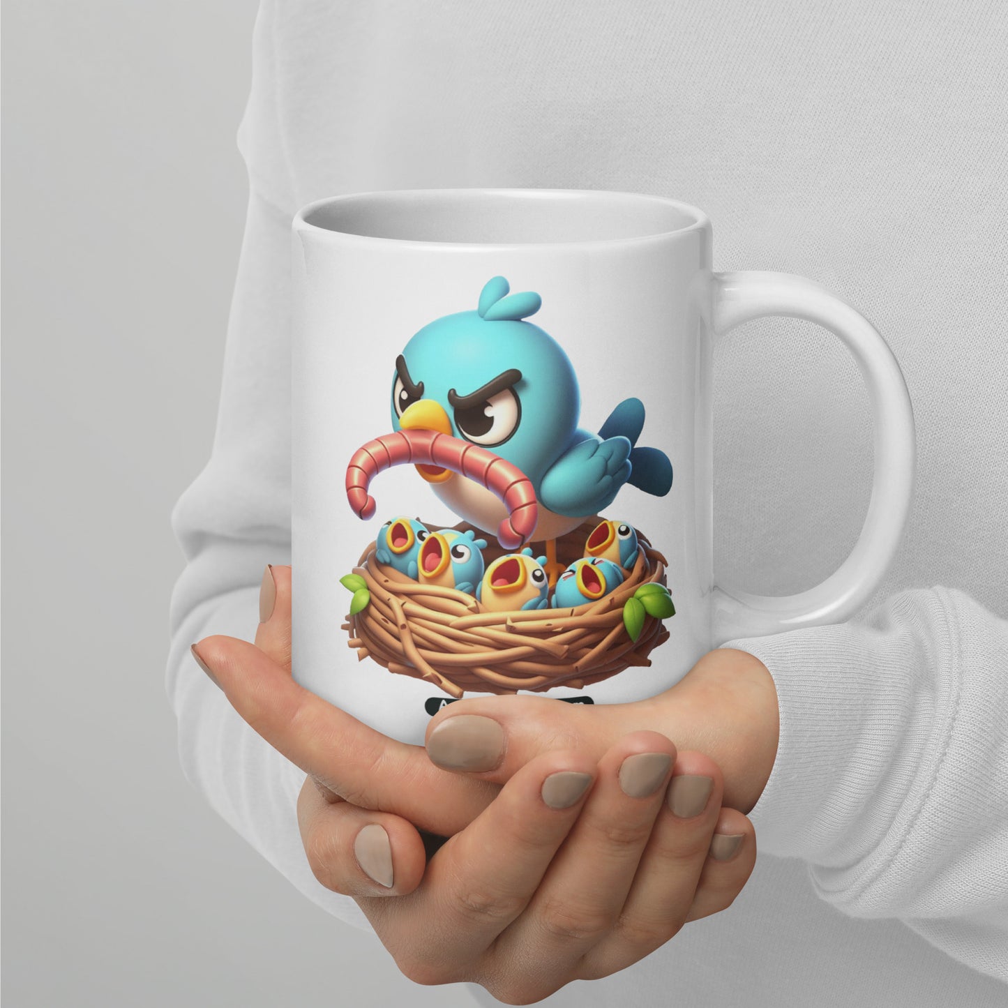 Angry Critters - Mom Bird with Baby Birds White glossy mug