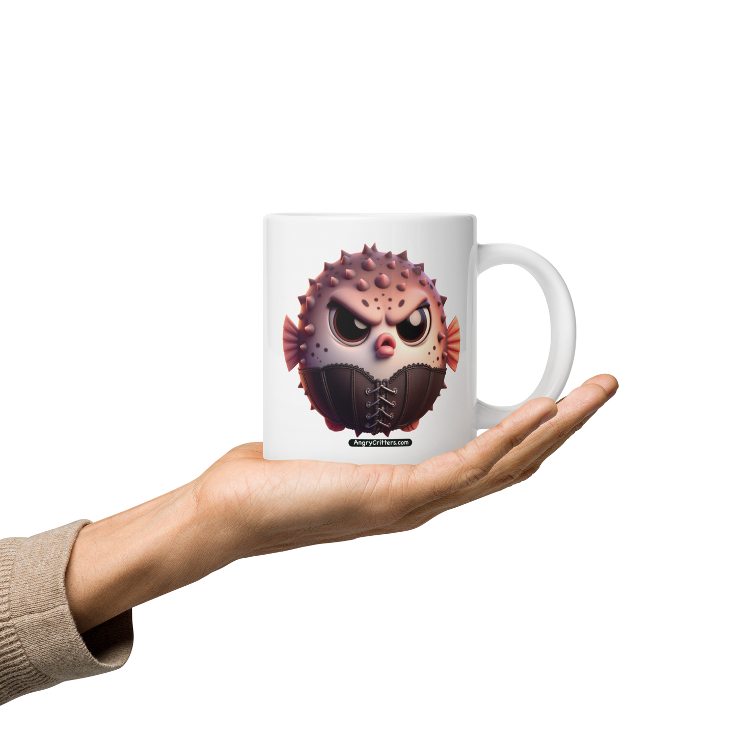 Angry Critters - Cinched Puffer, White glossy mug