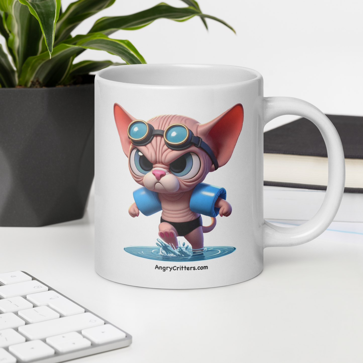 Angry Critters - Swimming Sphinx Cat, White glossy mug