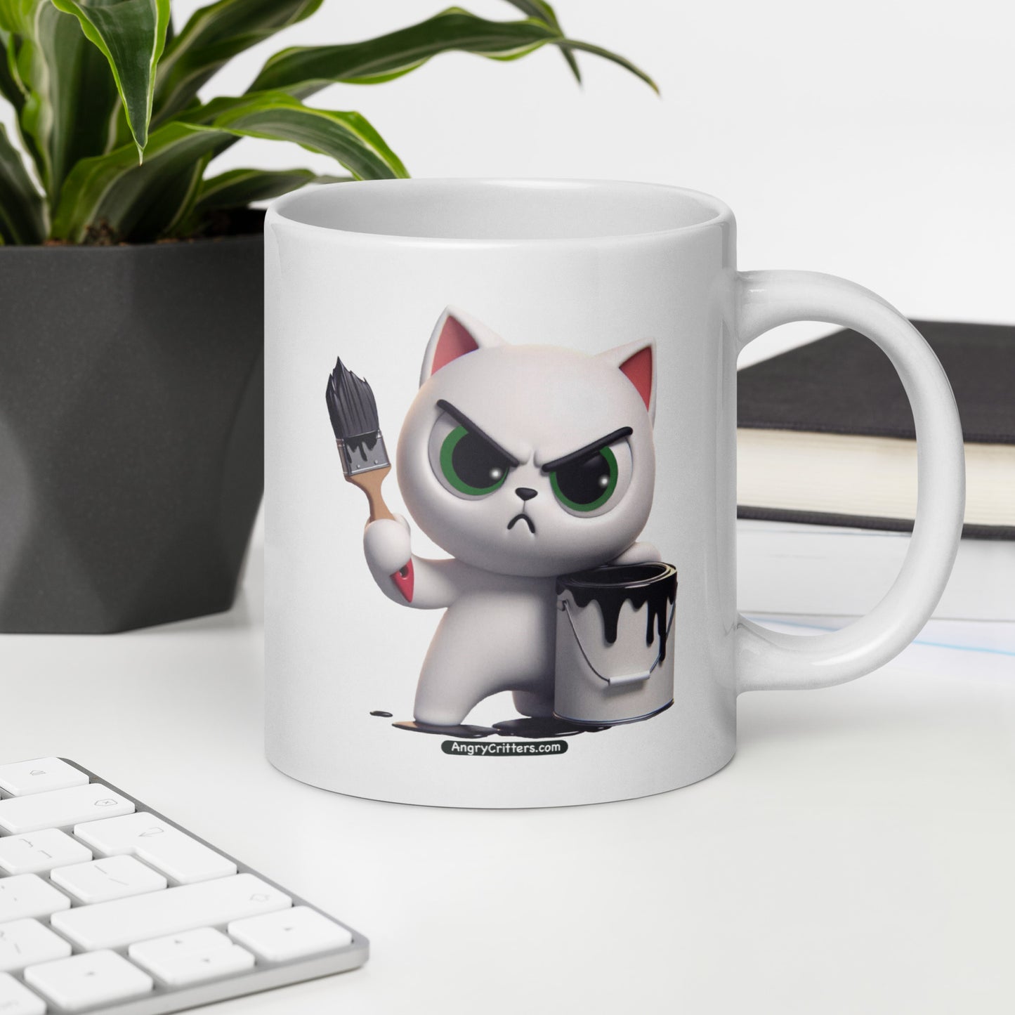 Angry Critters - White Cat with Black Paint, White glossy mug