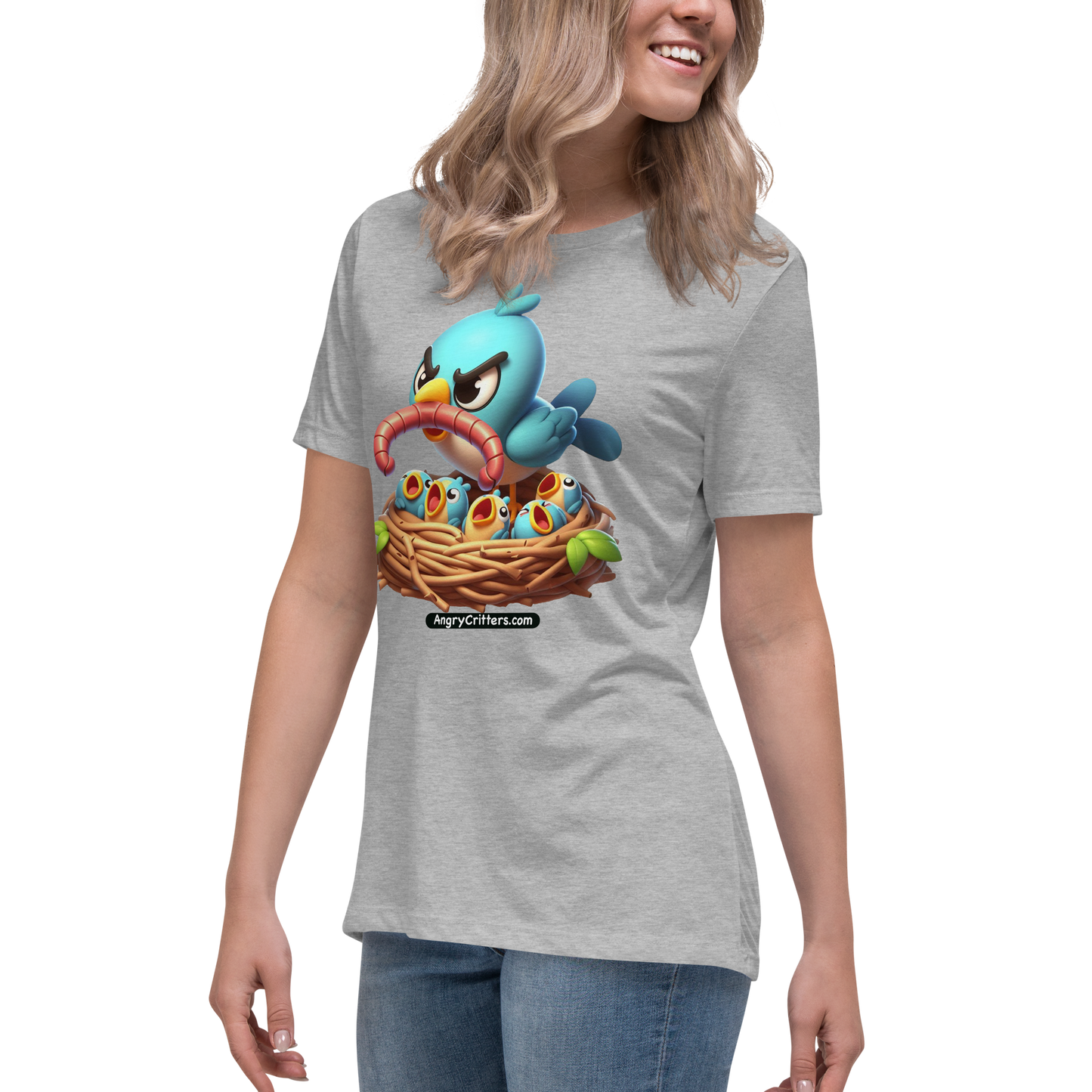 Angry Critters - Mom Bird with Baby Birds, Women's Relaxed T-Shirt