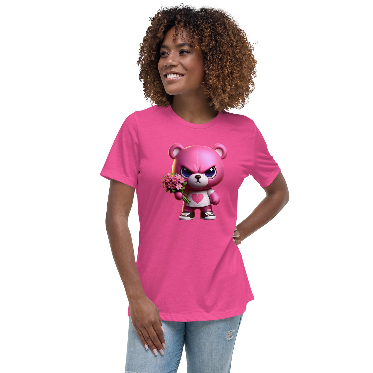 Angry Critters - Pink Teddy Bear with Flowers, Women's Relaxed T-Shirt