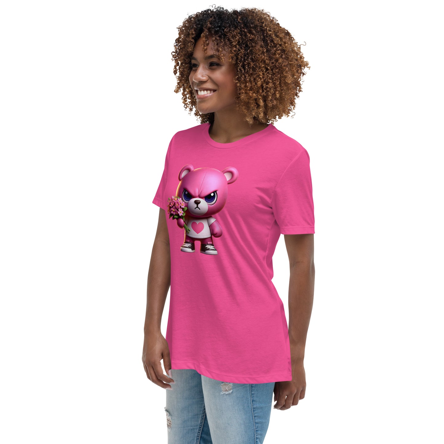 Angry Critters - Pink Teddy Bear with Flowers, Women's Relaxed T-Shirt