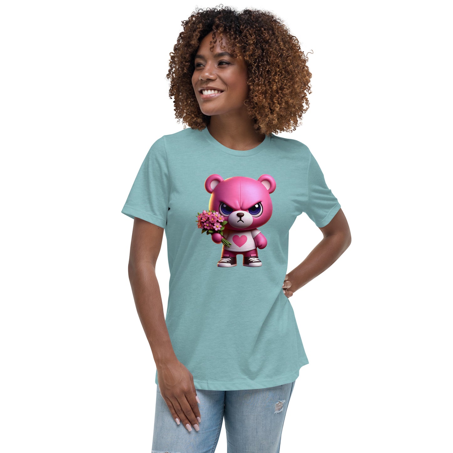 Angry Critters - Pink Teddy Bear with Flowers, Women's Relaxed T-Shirt