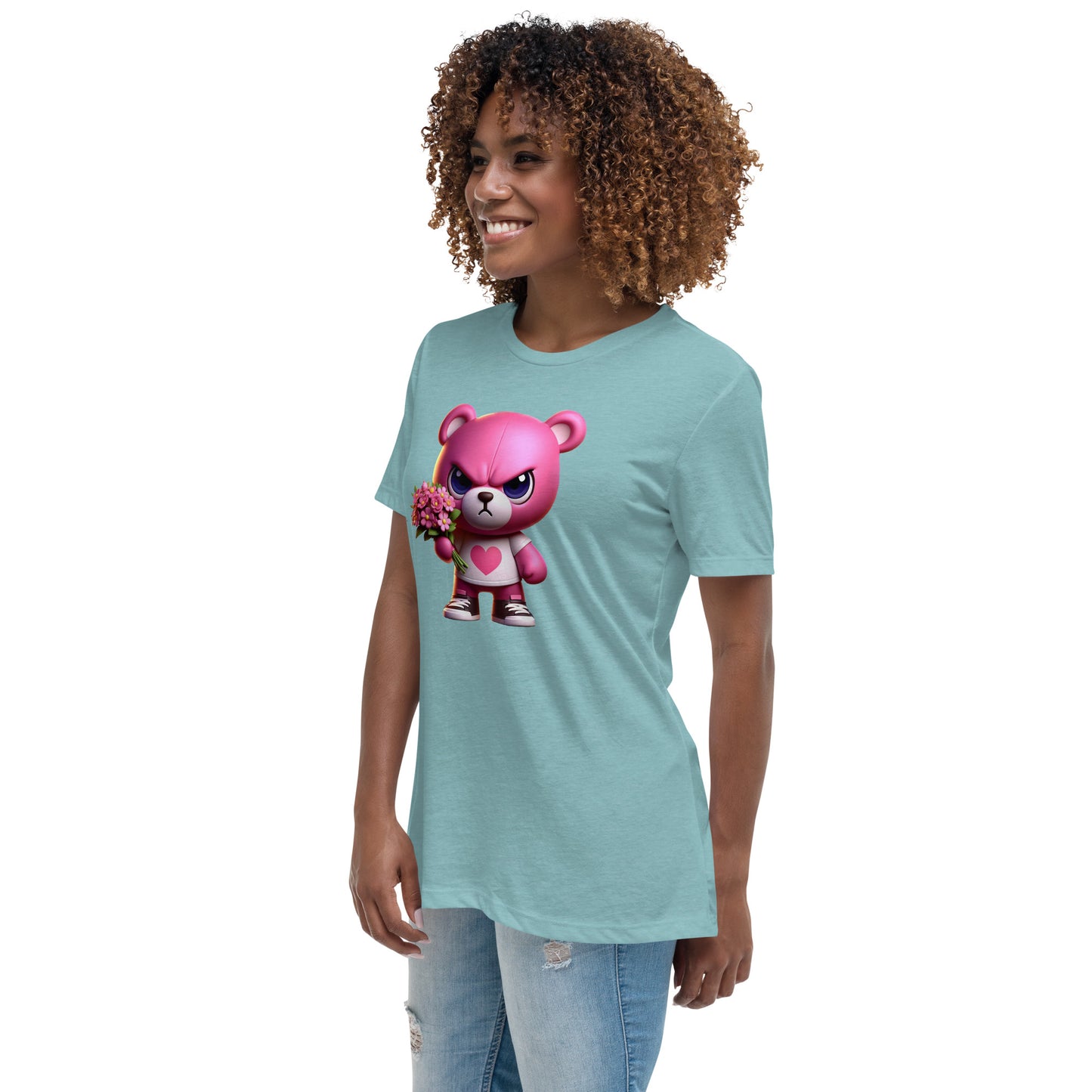 Angry Critters - Pink Teddy Bear with Flowers, Women's Relaxed T-Shirt