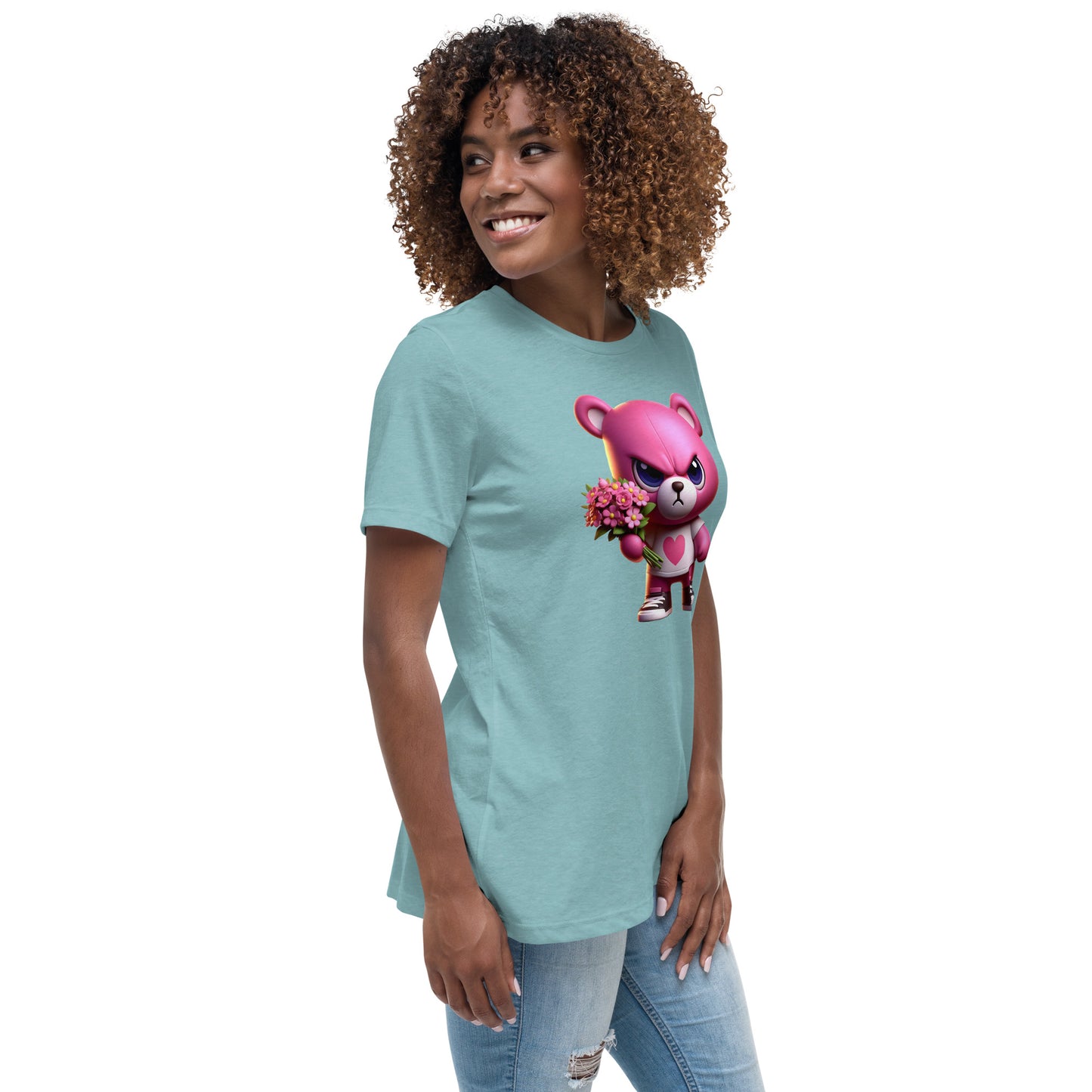 Angry Critters - Pink Teddy Bear with Flowers, Women's Relaxed T-Shirt