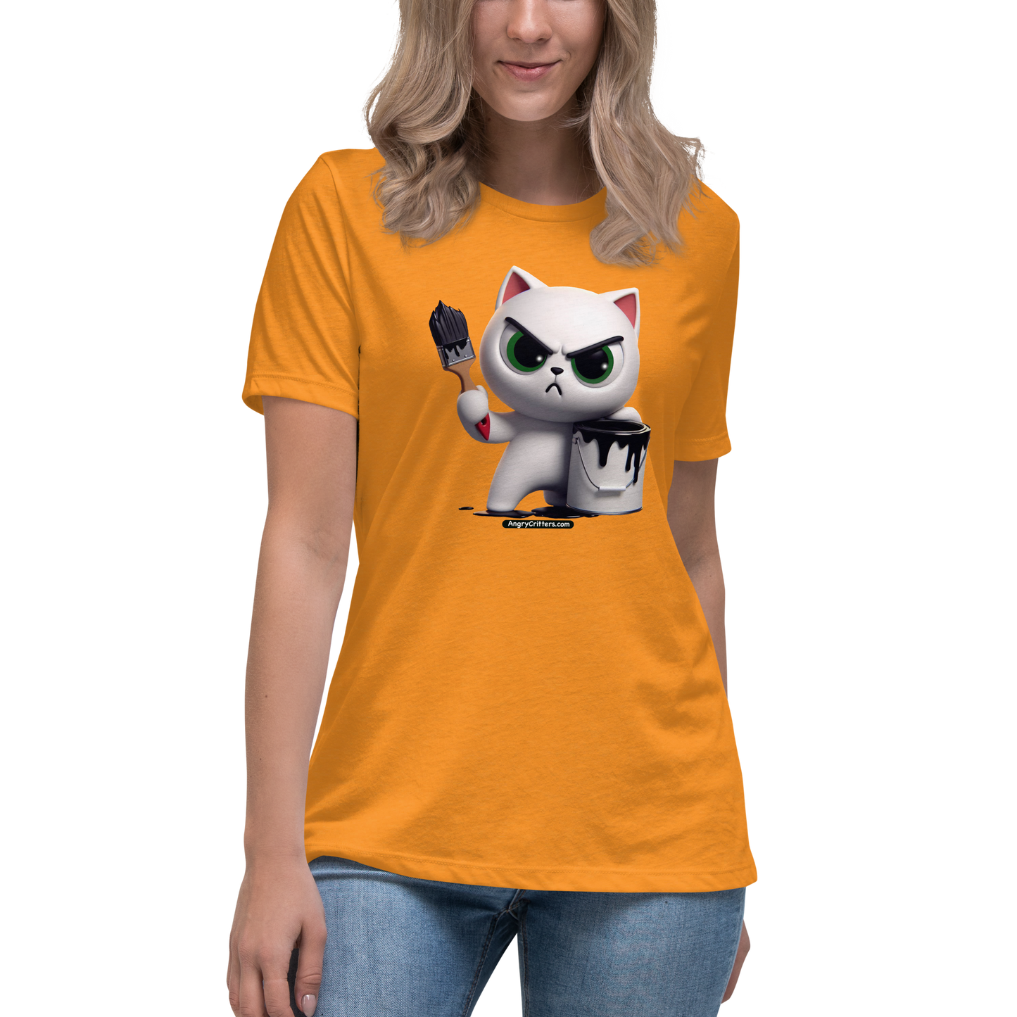 Angry Critters - White Cat with Black Paint, Women's Relaxed T-Shirt