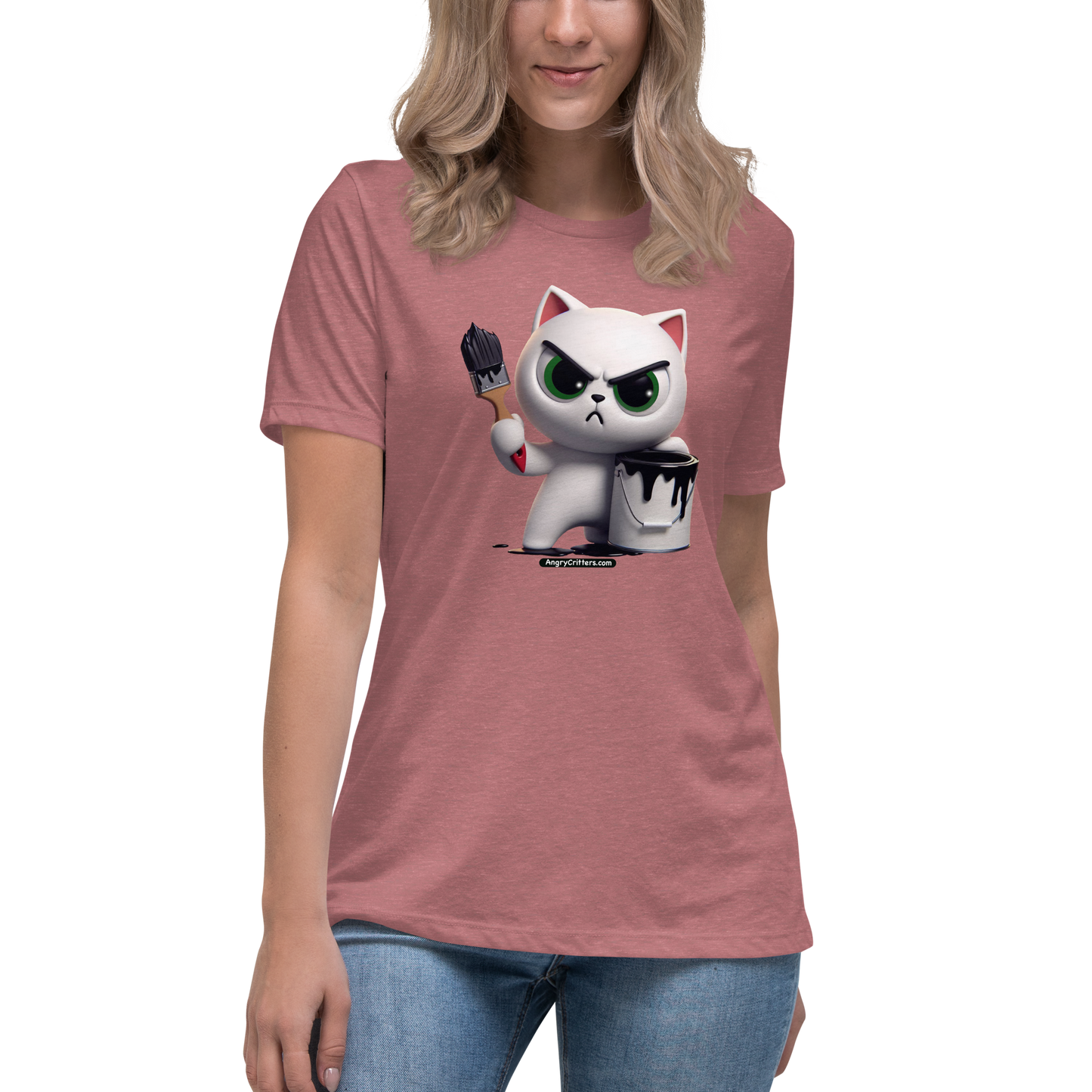 Angry Critters - White Cat with Black Paint, Women's Relaxed T-Shirt