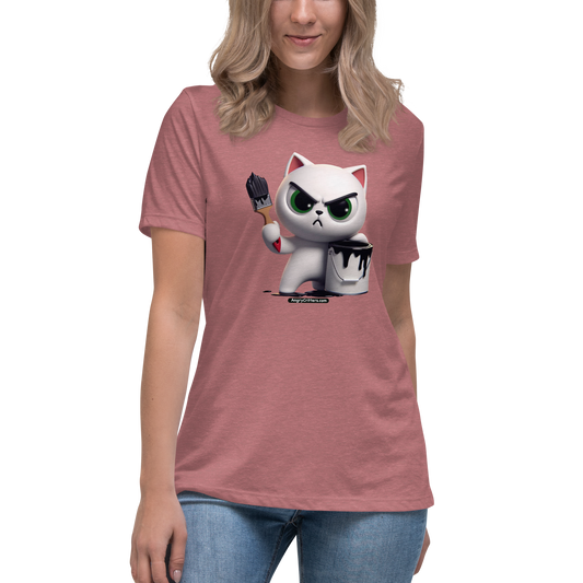 Angry Critters - White Cat with Black Paint, Women's Relaxed T-Shirt