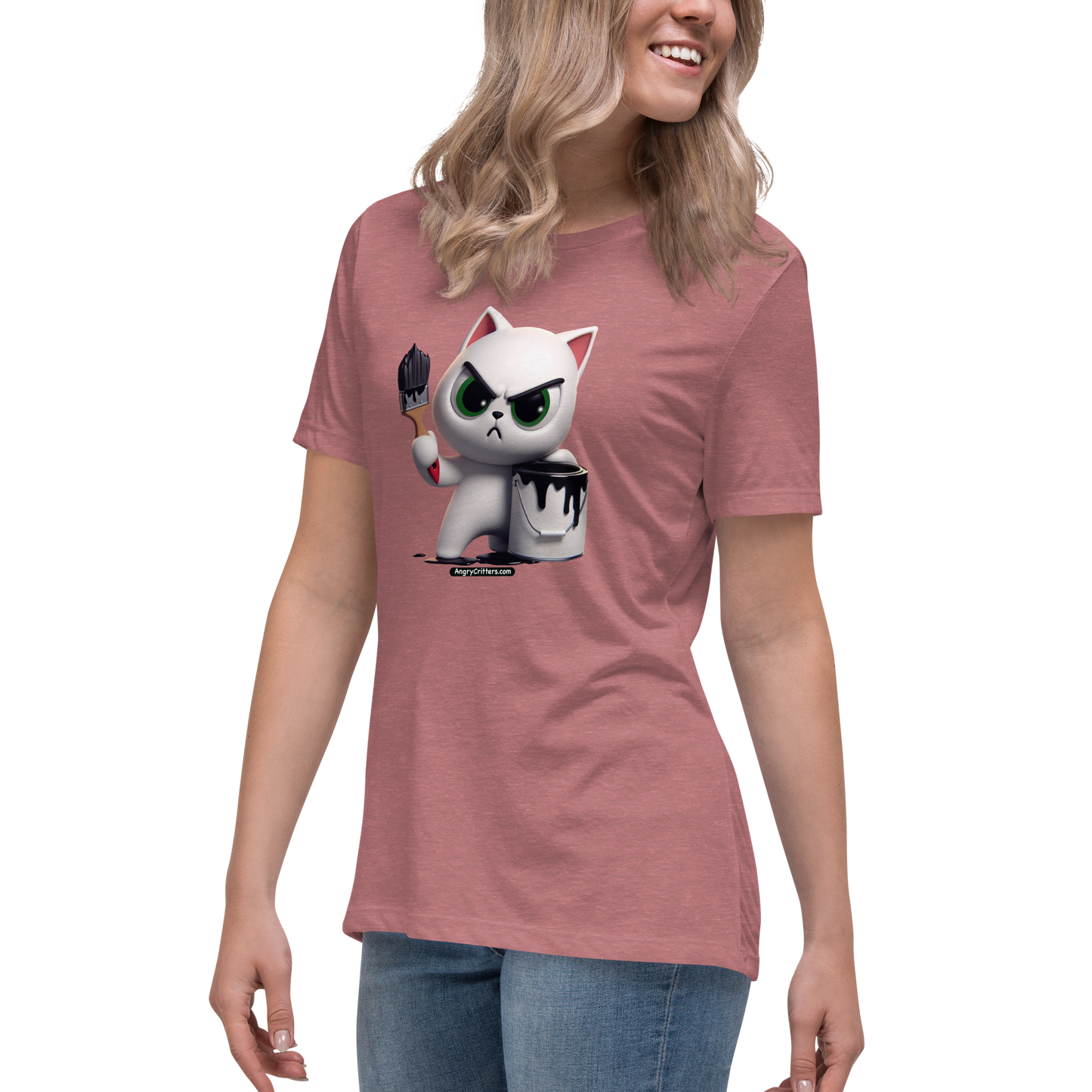 Angry Critters - White Cat with Black Paint, Women's Relaxed T-Shirt