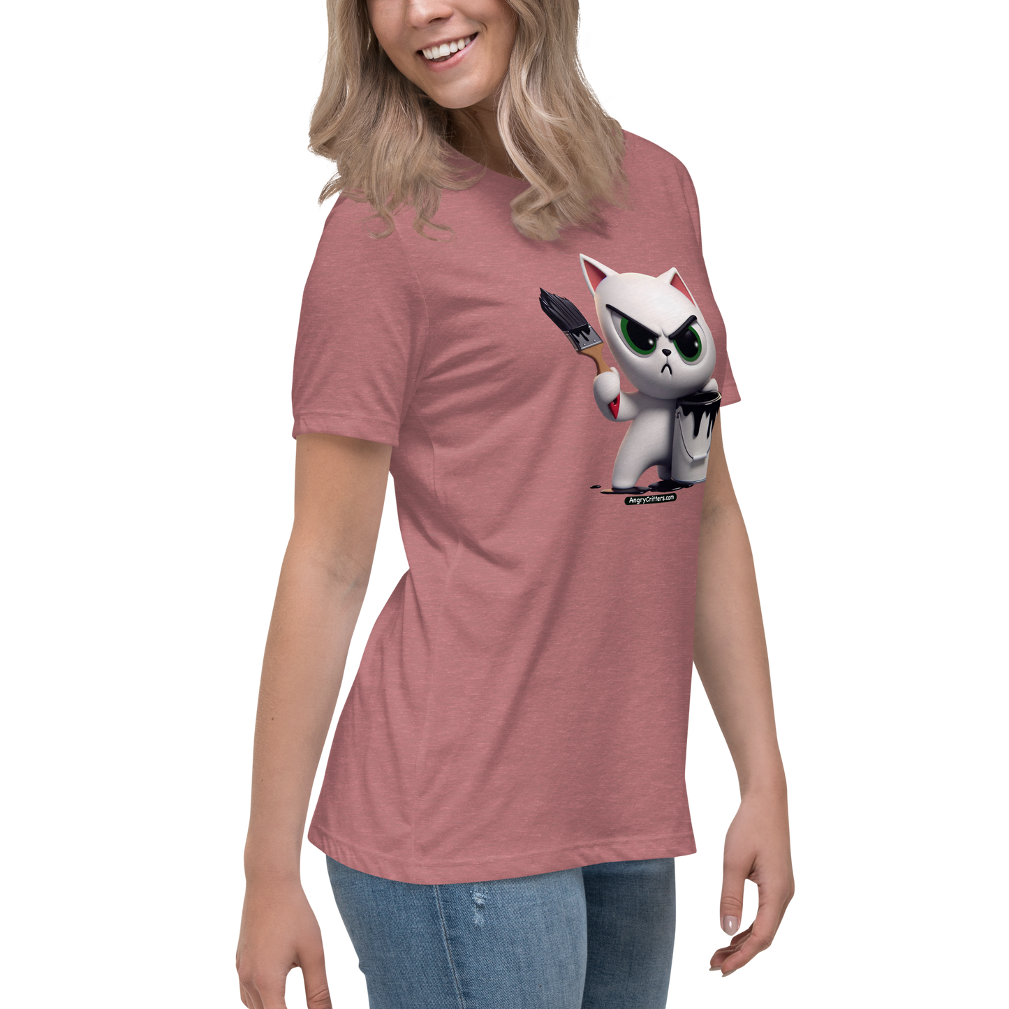 Angry Critters - White Cat with Black Paint, Women's Relaxed T-Shirt