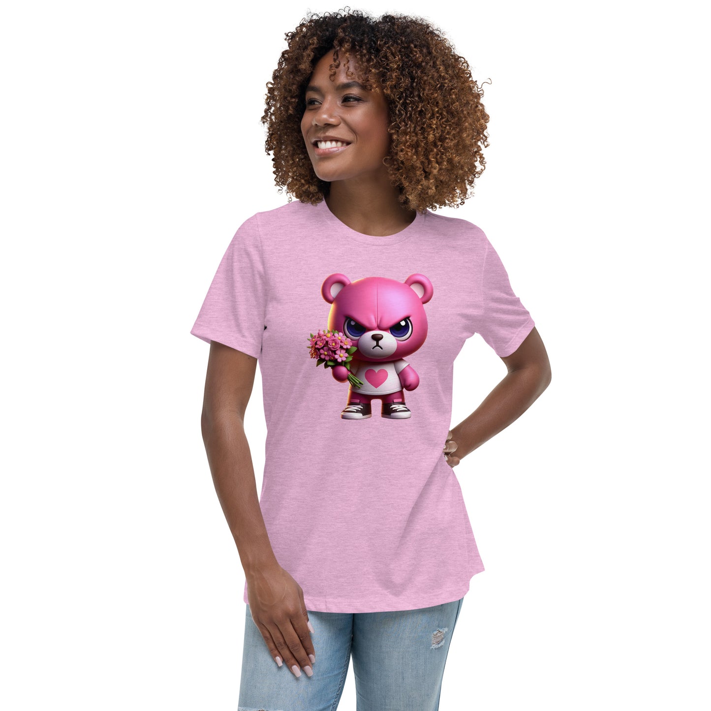 Angry Critters - Pink Teddy Bear with Flowers, Women's Relaxed T-Shirt