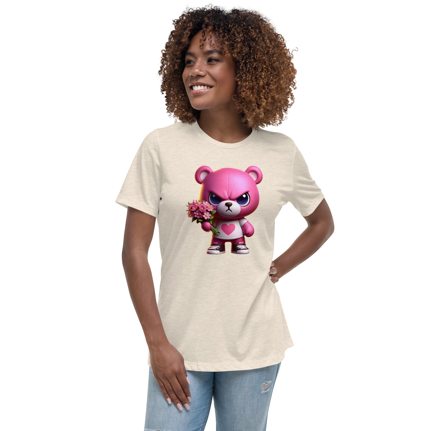 Angry Critters - Pink Teddy Bear with Flowers, Women's Relaxed T-Shirt