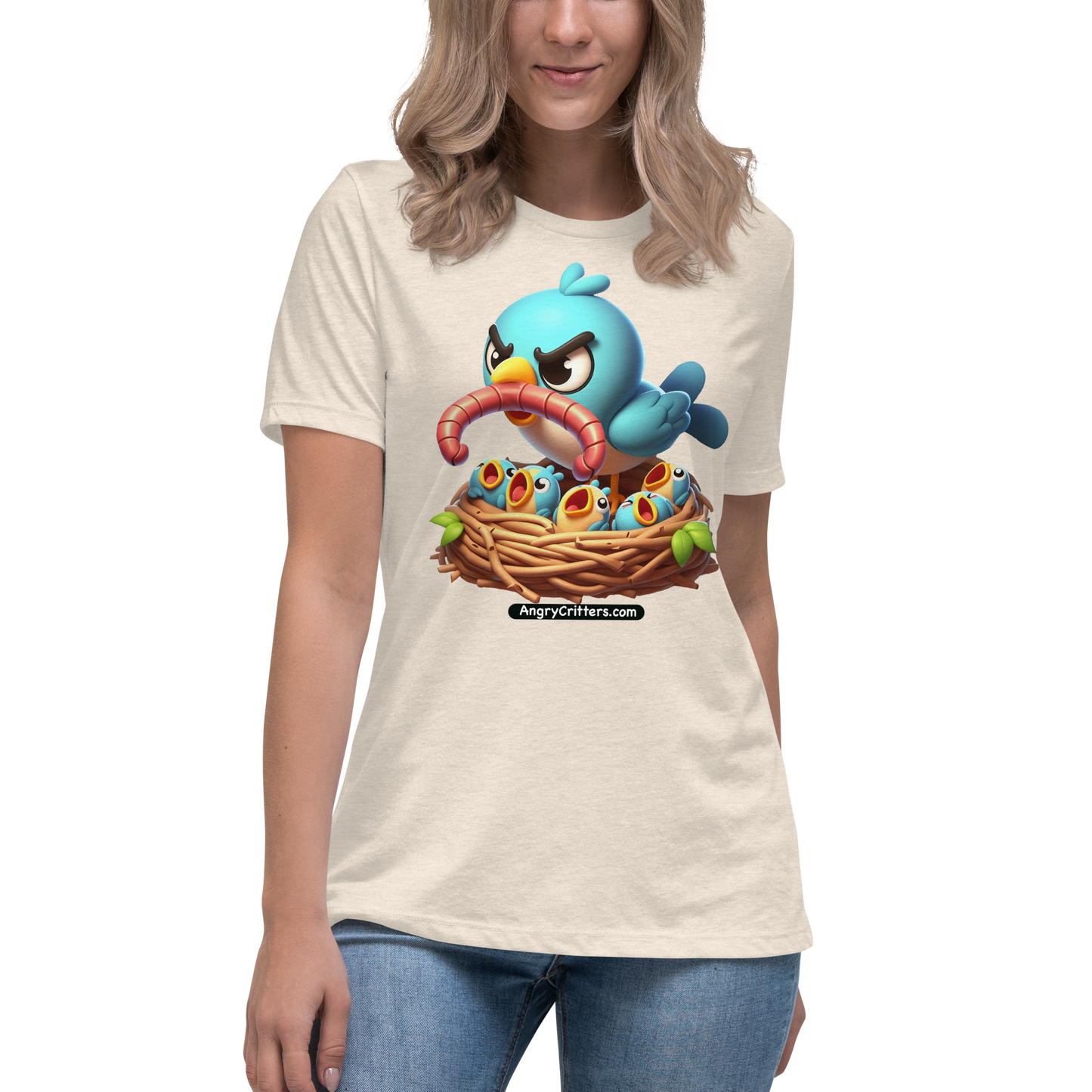 Angry Critters - Mom Bird with Baby Birds, Women's Relaxed T-Shirt